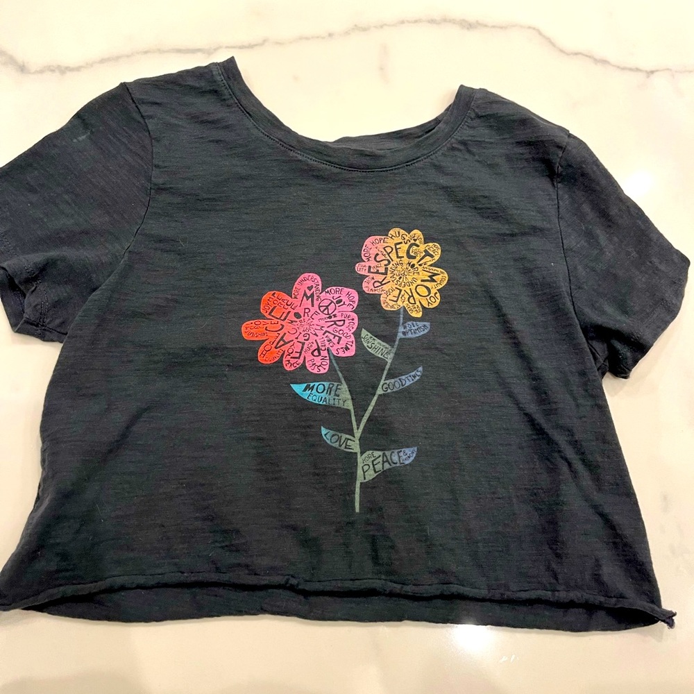 Dark gray crop top with multi colored flower imprints!
